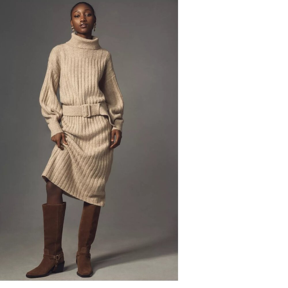 By Anthropologie Long-Sleeve Turtleneck Belted Sweater Midi Dress